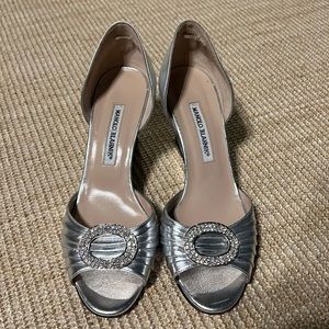 NEW Manolo Blahnik Metallic Lambskin Crystal D'Orsay Wedge - 38 1/2